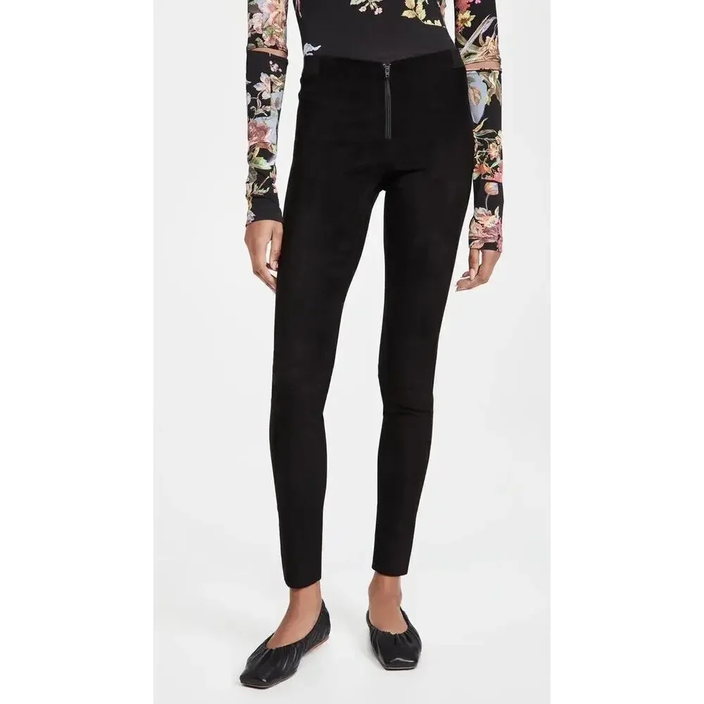 Alice + Olivia Front Zip Black Lambskin Suede Leggings Size 4